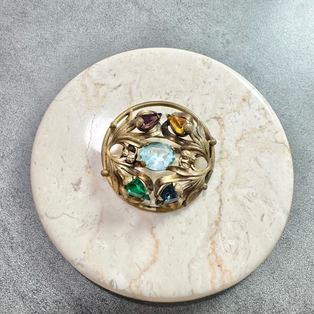 Antique Art, Nouveau Gold Tone With Multicolored Glass Rhinestone C Clasp Brooch